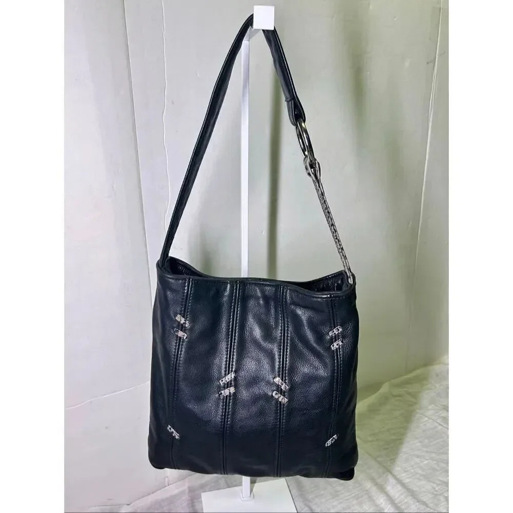 Black Leather Slouchy Hobo Bag Snakeskin Strap Silver Ring Hardware Y2K